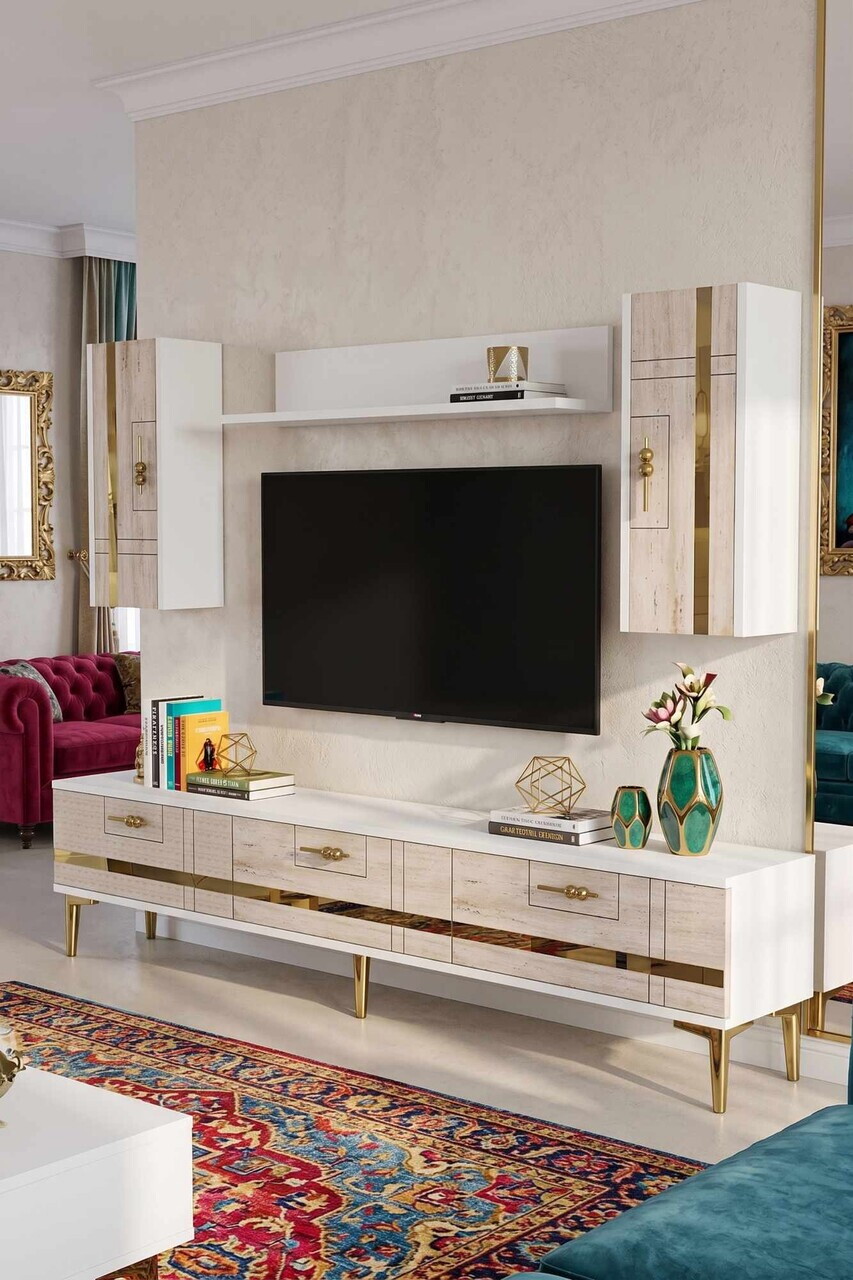 Comoda TV, Hanah Home, Ilay, 180x41x30 cm, White / Travertine / Gold