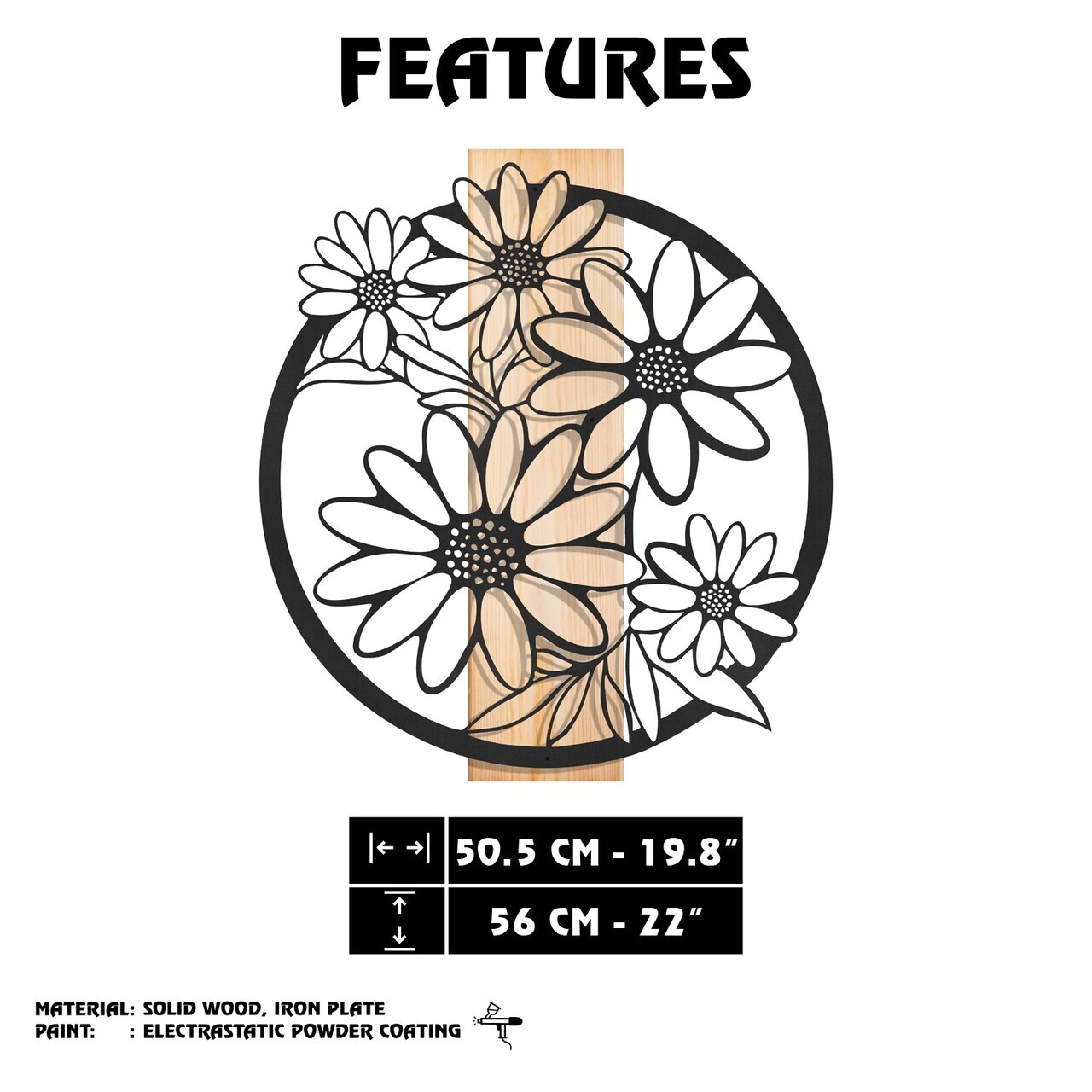 Decoratiune de perete, Marguerite, Cadru: Lemn (Grosime: 2 cm), Natural/Negru — imaginea 8