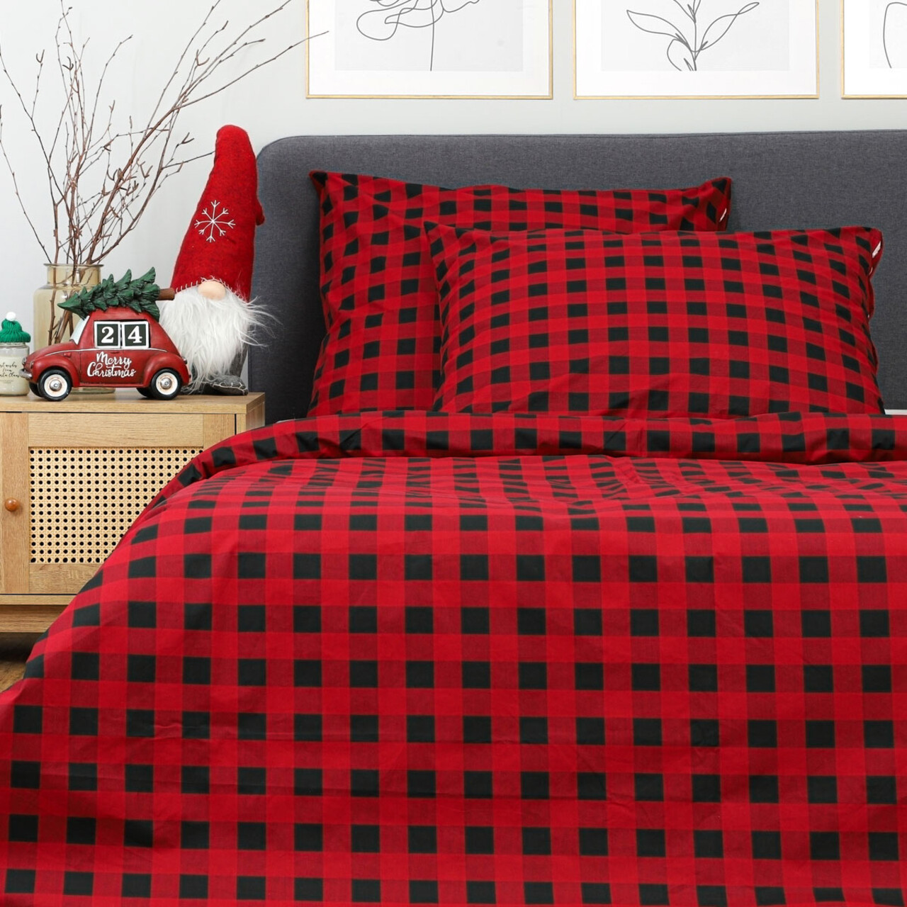 Lenjerie de pat dubla Ameri, Homla, 3 piese, 160x200 cm, bumbac, rosu/negru - 1 | YEO
