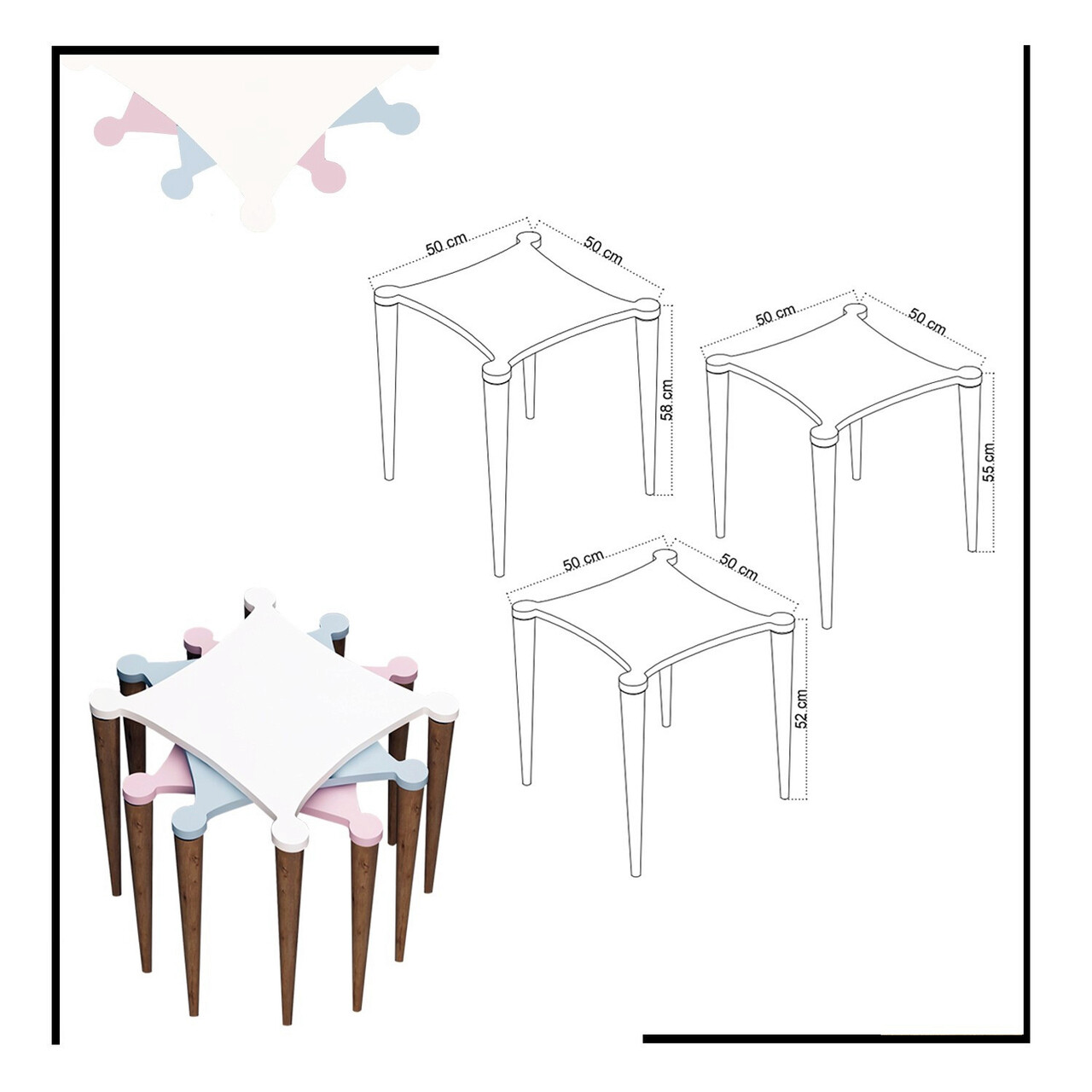 Set masute 3 piese, Mod Design, Tremo, Alb / Roz / Albastru / Nuc