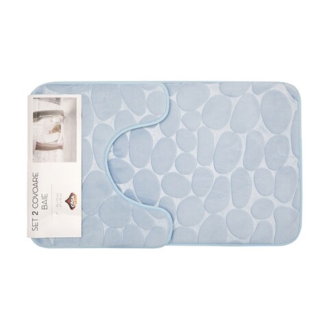 Set 2 covorase de baie, Casa Plastor, Stones, 45 x 73 cm, 37 x 45 cm, poliester/poliuretan/PVC, bleu