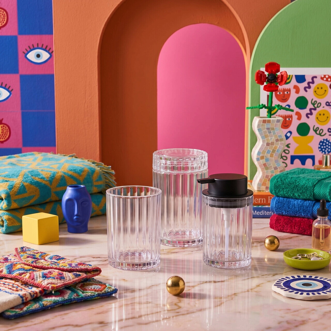 Set de baie, L'essentiel Maison, BNY0033 HC, Sticla, Transparent