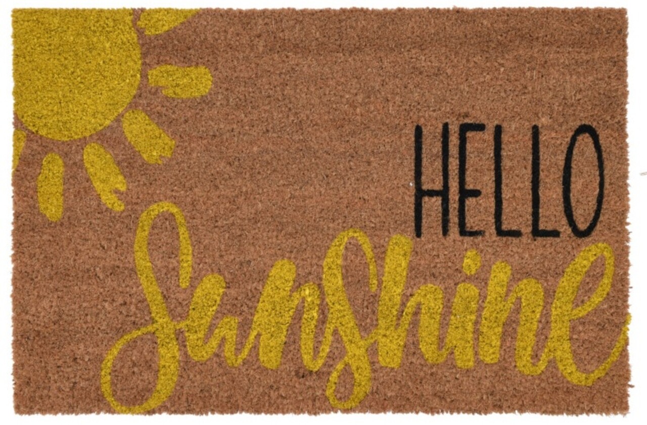 Covoras de intrare Hello Sunshine, 39x59 cm, fibra de cocos, maro/galben