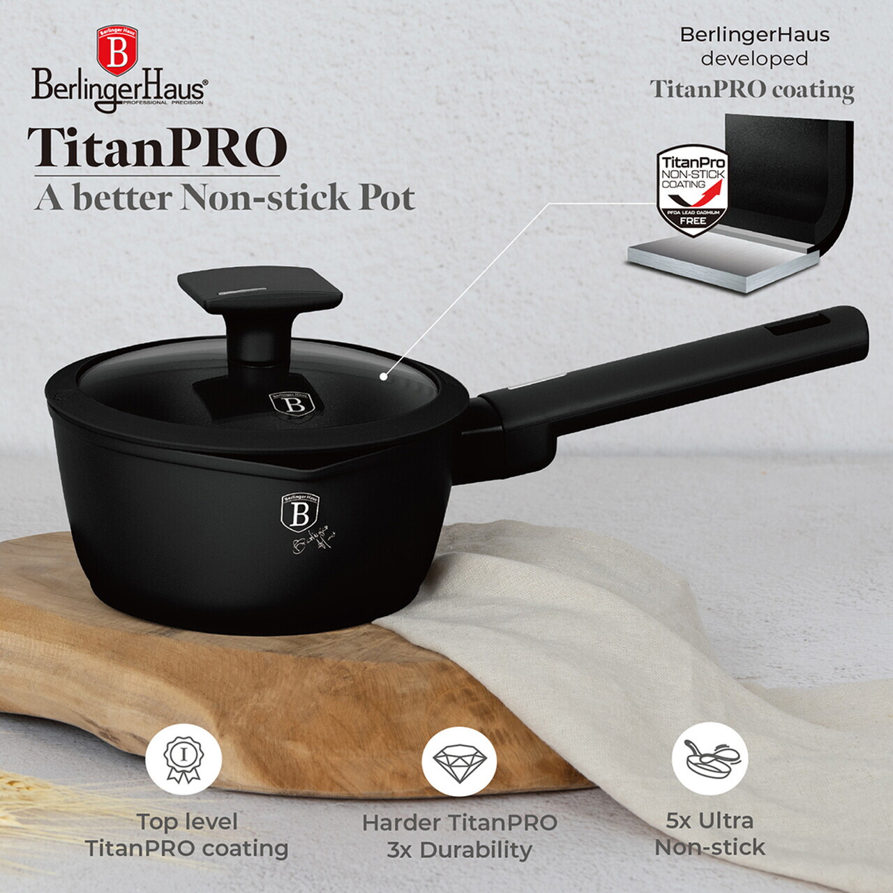 Cratita cu capac Berlinger Haus, Matte Black, 16 cm, 1.2 L, aluminiu forjat, negru - imagine 7
