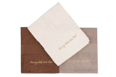Set 3 prosoape de maini, Beverly Hills Polo Club, Cream and Brown, 50 x 100 cm, 100% bumbac Beverly Hills Polo Club