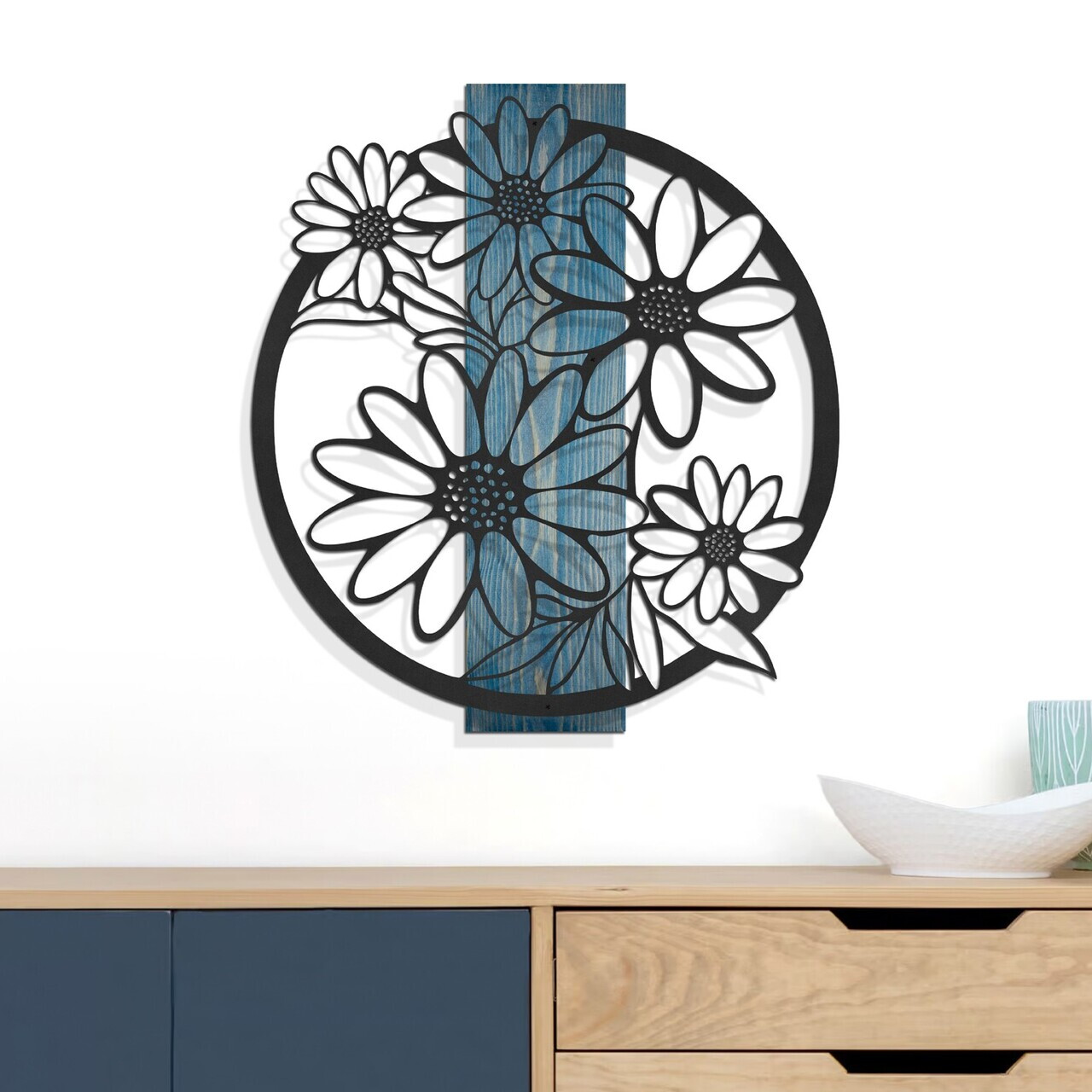 Decoratiune de perete, Marguerite, Cadru: Lemn (Grosime: 2 cm), Albastru/Negru — imaginea 2