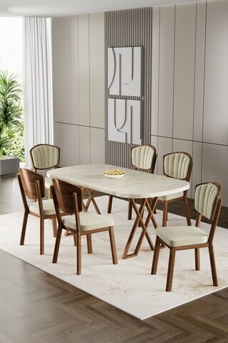 Set masa si scaune (7 piese), Hanah Home, Flori, Travertin / Aspect de lemn / Crem