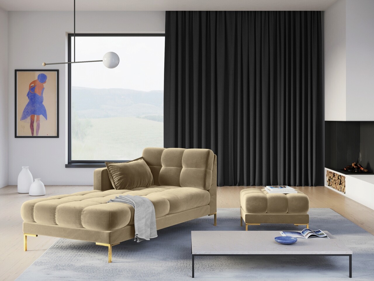 Taburet, Mamaia, Micadoni Home, GL, 60x60x41 cm, catifea, bej - 2 | YEO