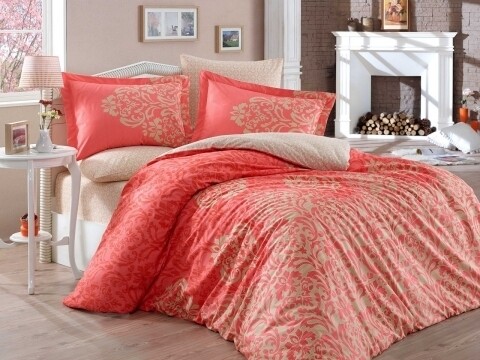 Lenjerie de pat dubla, 4 piese, 100% bumbac poplin, Hobby, Serenity Red, portocali/bej