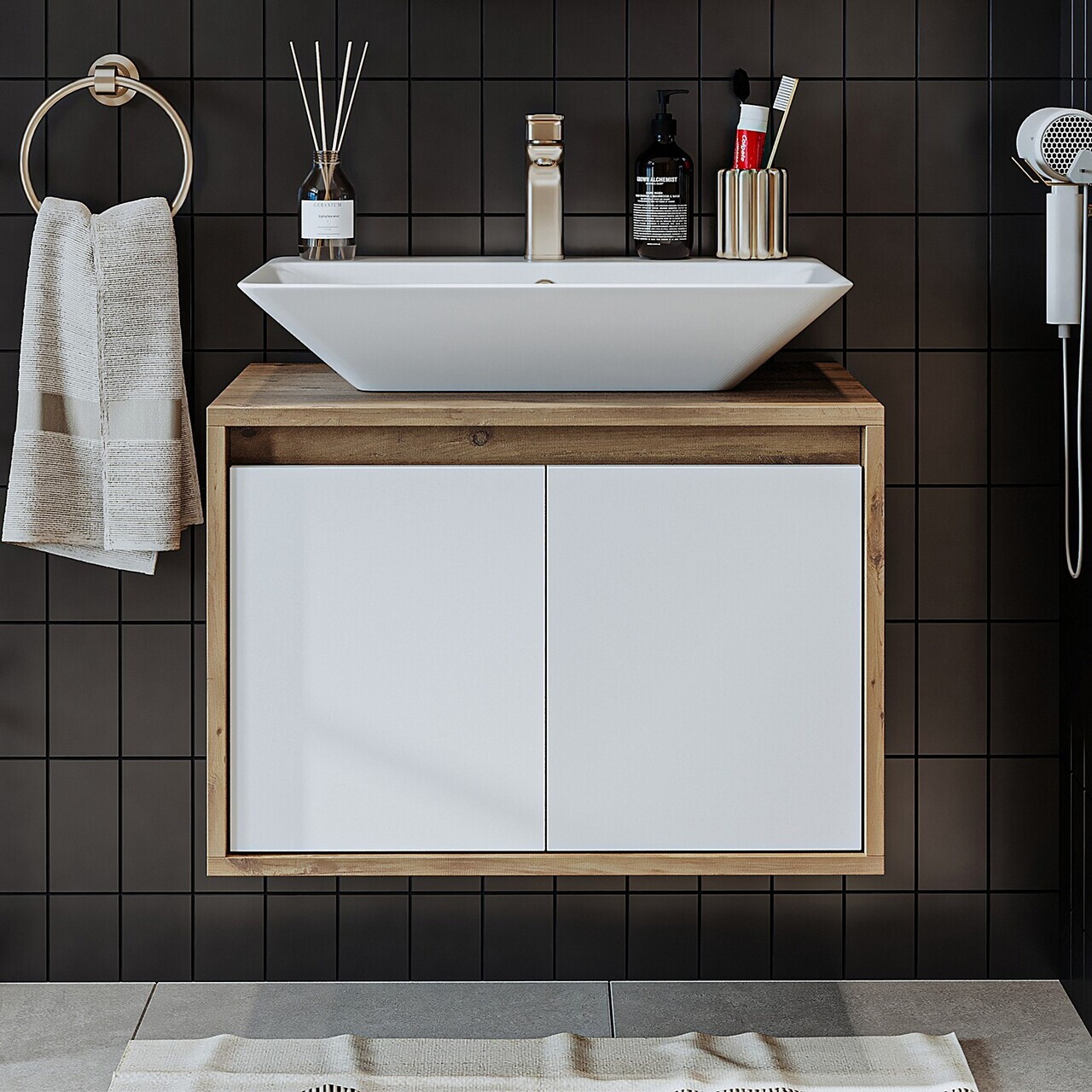 Dulap de baie cu chiuvetă, Hanah Home, 1750, 65x58x45 cm, MDF-LAM, Pin Atlantic / Alb Mat — imaginea 2