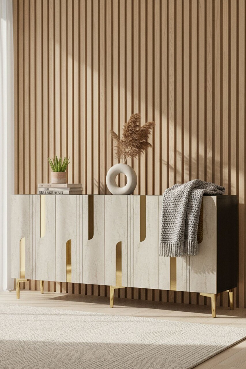 Consola, Hanah Home, Nota 150, 150x75x32 cm, Antracit / Travertin / Auriu — imaginea 2