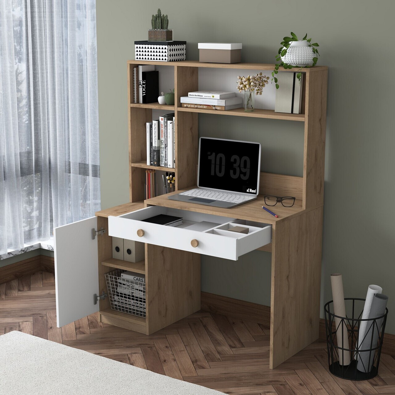 Set birou si biblioteca, Hanah Home, HA126, 115x146x50 cm, PAL melaminat, Nuc/Alb - view 8