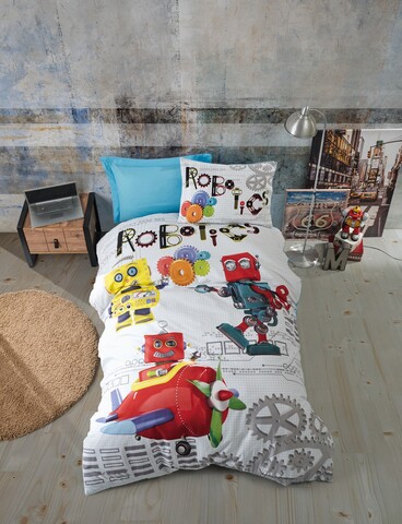 Lenjerie de pat pentru o persoana Young, 3 piese, 160x220 cm, 100% bumbac ranforce, Cotton Box, Robot, albastru