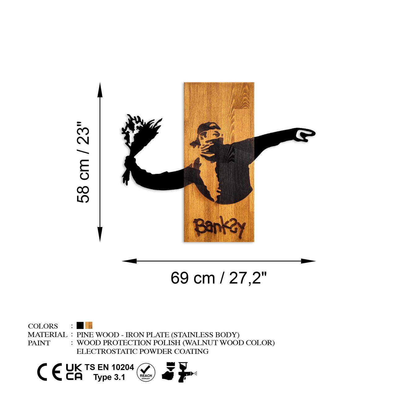 Decoratiune de perete, Banksy, Lățime: 69 cm Înălțime: 58 cm Adâncime: 3 cm, Nuc / Negru - view 7