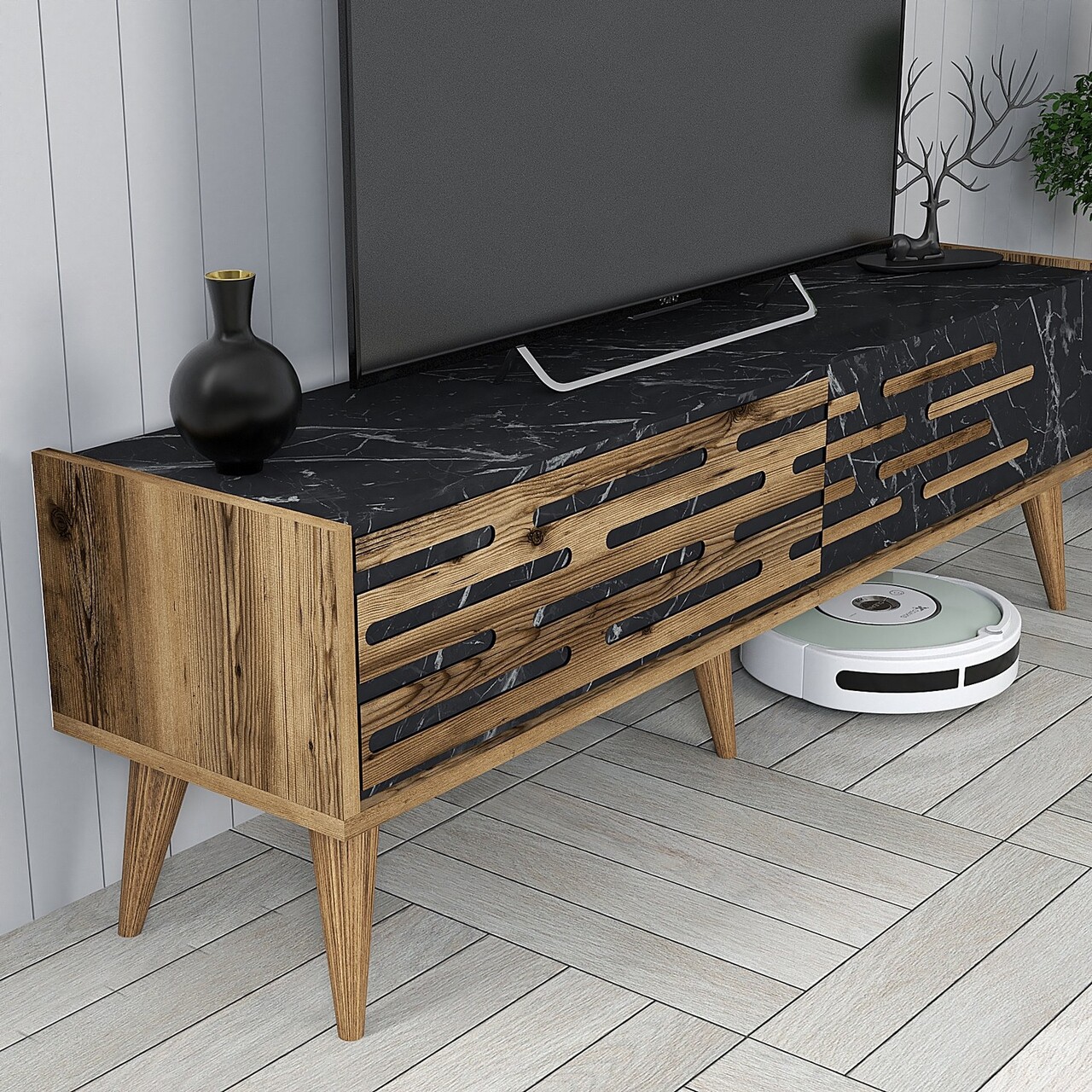 Comoda TV, Hanah Home, Valensiya 140, Nuc / Negru / Marmură - imagine 4