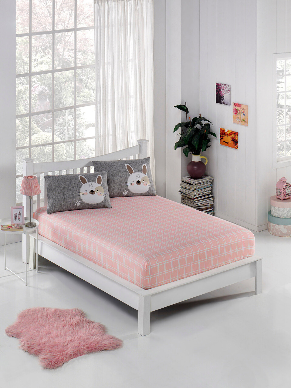 Set de pat pentru o persoana (cearceaf cu elastic si perna) 2 piese, Tavşancık, Eponj Home, 65% bumbac/35% poliester