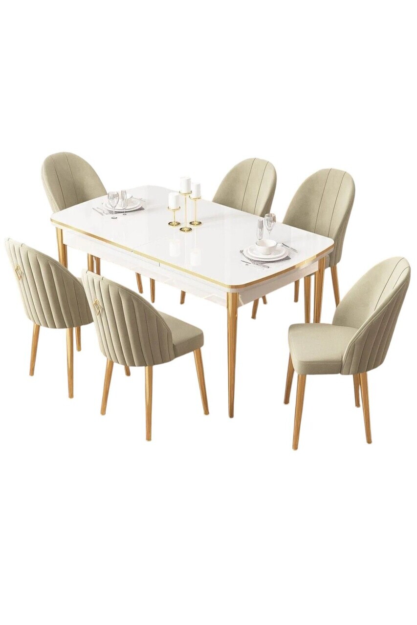 Set masa extensibila si scaune (7 piese), Hanah Home, Edaf, Alb / Auriu / Crem — imaginea 2