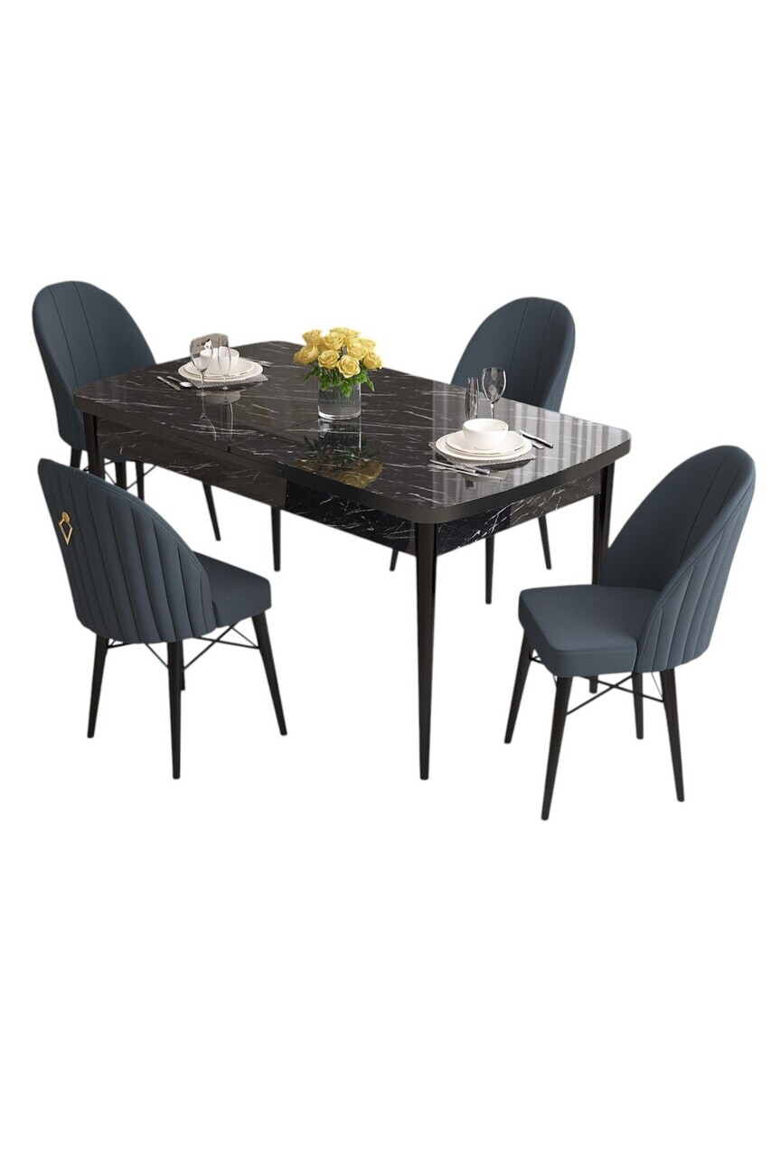 Set masa extensibila si scaune (5 piese), Hanah Home, Roz, Model de marmură neagră / Antracit — imaginea 2