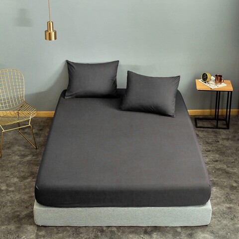 Set de pat dublu (cearceaf cu elastic si perne) 3 piese, Basic - Fume, EnLora Home, 65% bumbac/35% poliester