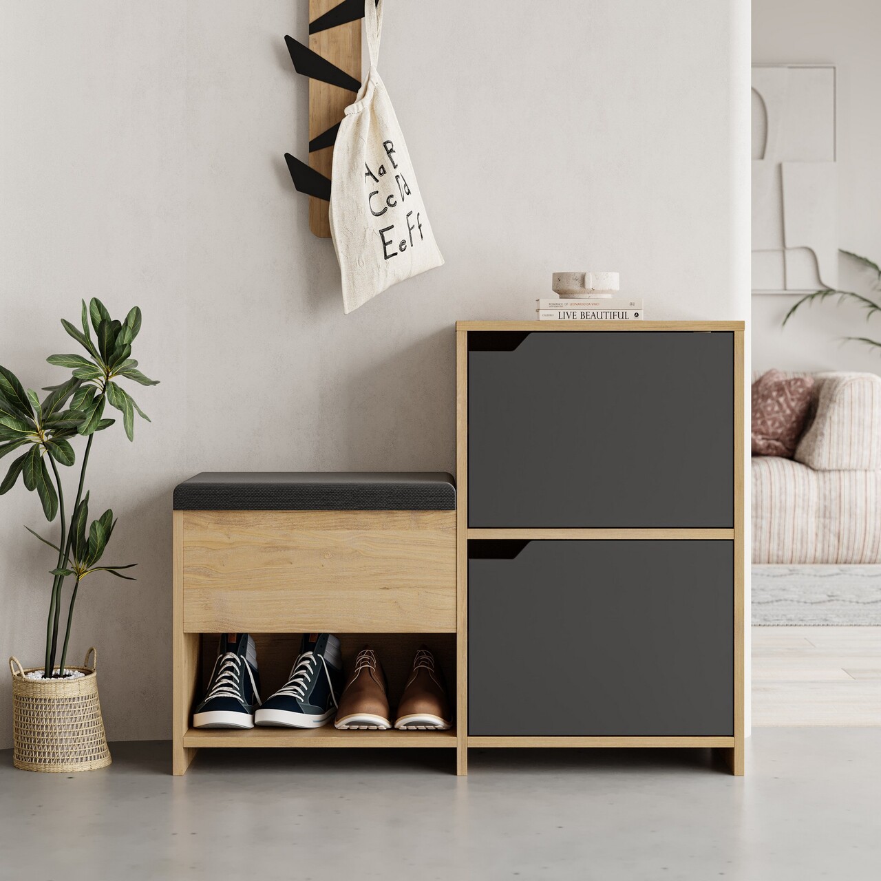 Pantofar Decortie Haven Shoe Bench PAL Antracit / Stejar