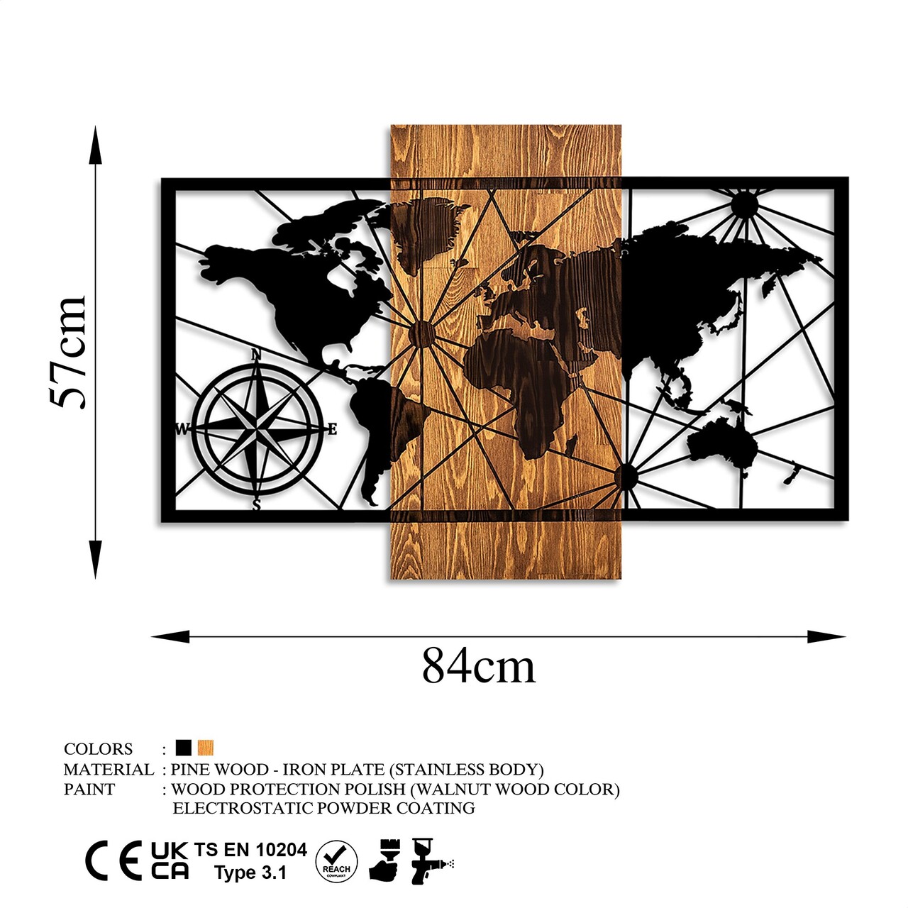 Decoratiune de perete, World Map 3-M, Dimensiuni: 57 x 84 cm, Nuc / Negru - view 6
