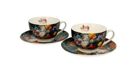 Set 2 cesti cu farfurie Bouquet, Duo, 250 ml, portelan, negru