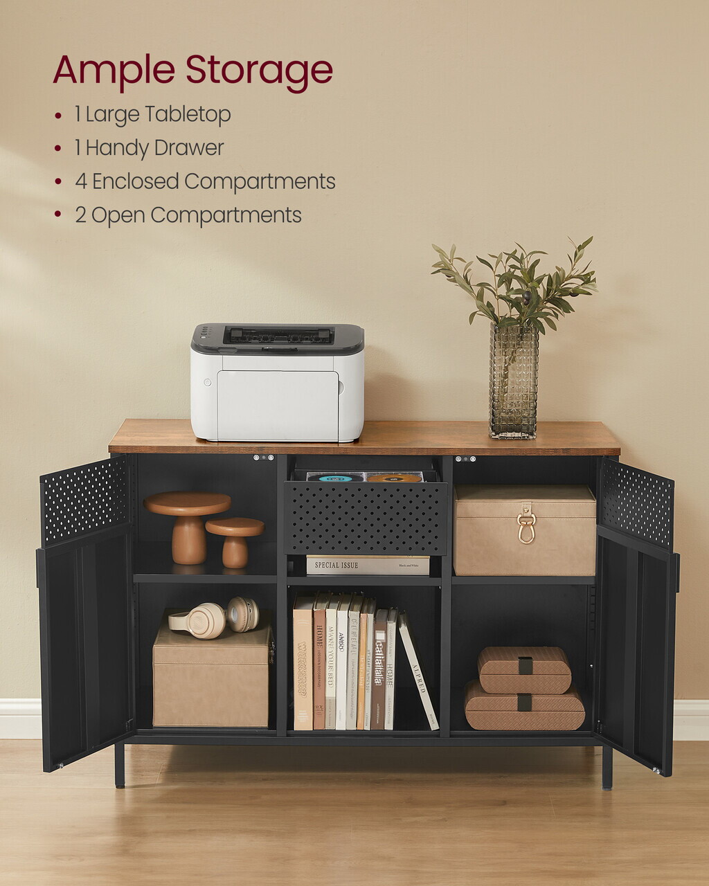 Dulap metalic multifunctional cu 2 usi, Songmics, rafturi reglabile, 110x40x76 cm, otel, maro/negru - imagine 2