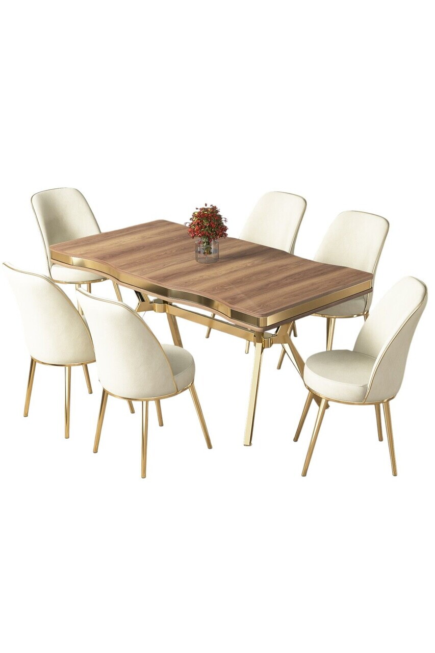 Set masa si scaune (7 piese), Hanah Home, Prah, Hazar / Aur / Cremă — imaginea 2