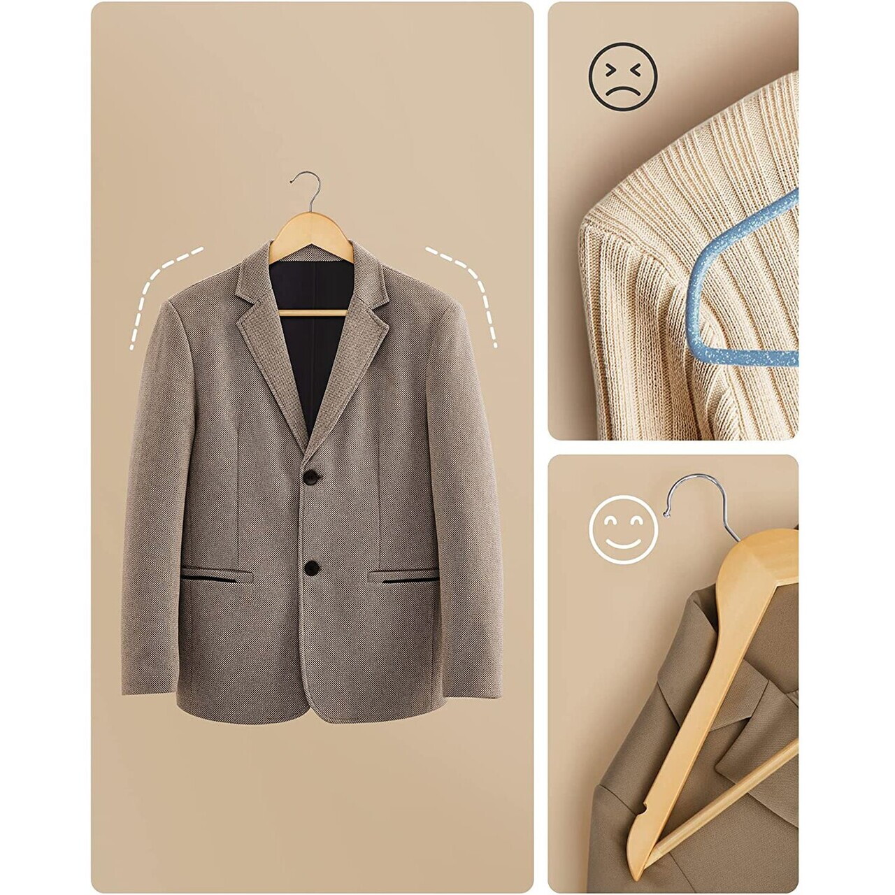 Set 10 umerase din lemn, Songmics, cu bara pantaloni, max 5 kg, lemn de artar, natur - imagine 2