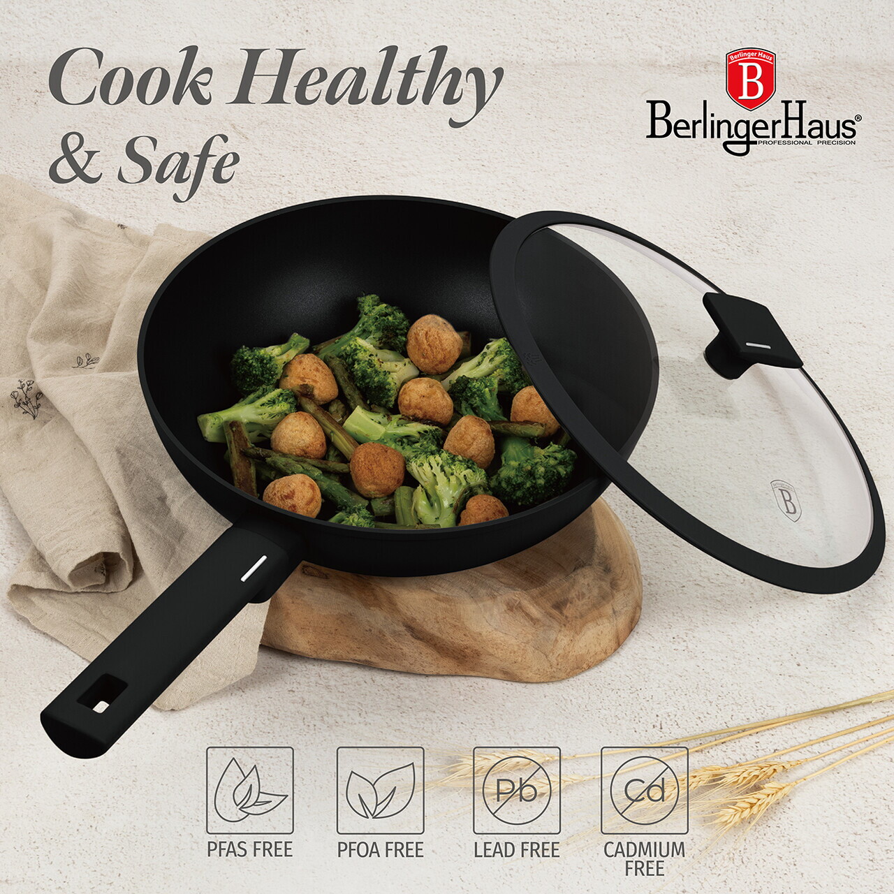 Tigaie Wok cu capac Berlinger Haus, Matte Black, 28 cm, 3.2 L, aluminiu forjat, negru - imagine 8