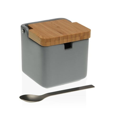 Zaharnita cu capac si lingurita bamboo, versa, 8.5 x 8.5 x 8.7 cm, dolomit, gri