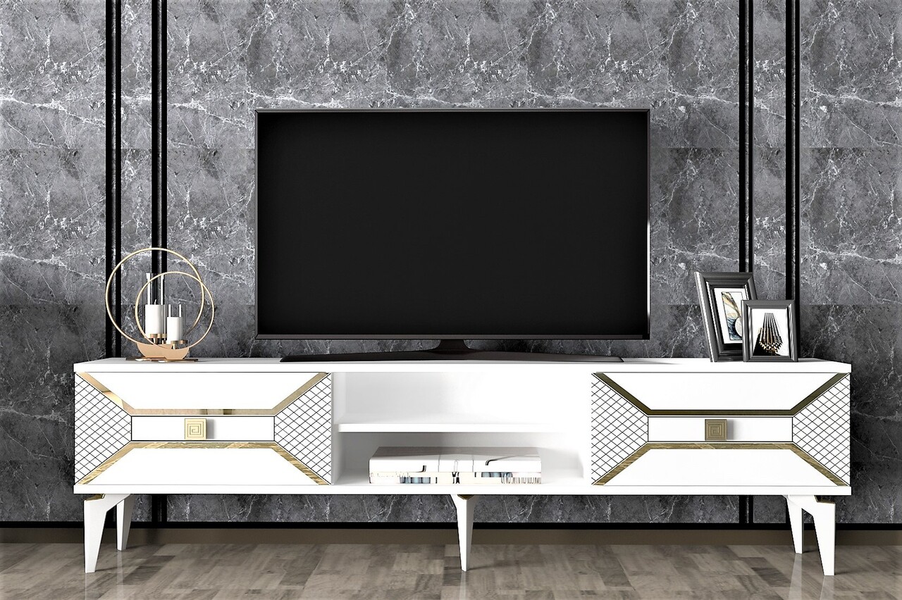 Comoda TV, Olivia, Yumedi, 150x50x30 cm, PAL , Alb/Auriu - 1 | YEO