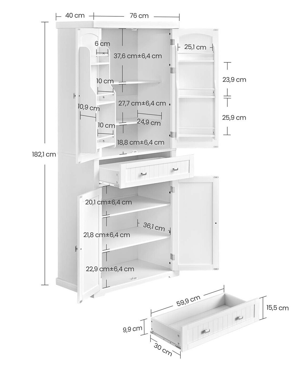 Dulap bucatarie, Vasagle, 2 corpuri, sertar si rafturi reglabile, 76x40x182.1 cm, MDF, alb - imagine 3