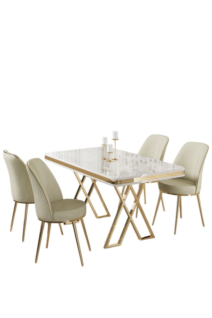 Set masă și scaune (5 bucăți), Hanah Home, Vals, Alb / Auriu / Crem - imagine 2