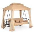 Pavilion cu leagan de 3 locuri si functie pat, Damaris, 232 x 149 x 233 cm, negru/bej