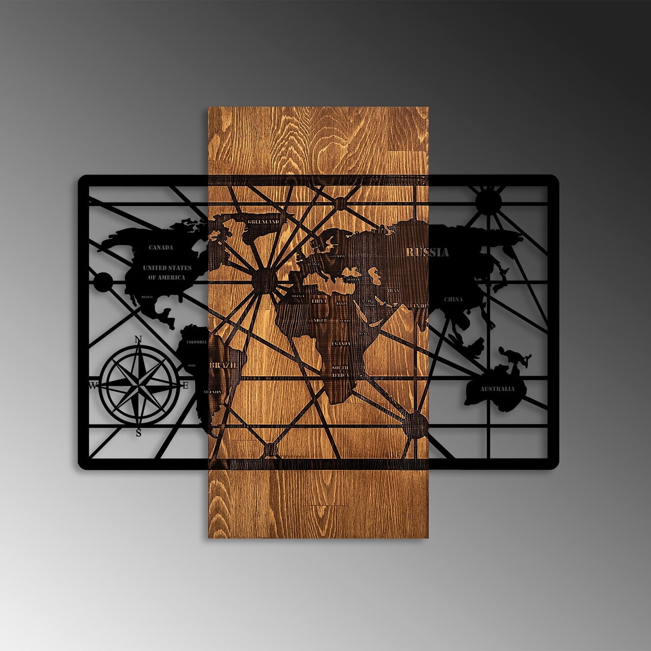 Decoratiune de perete, World Map 6-M, Dimensiuni: 57 x 63 cm, Nuc / Negru — imaginea 4