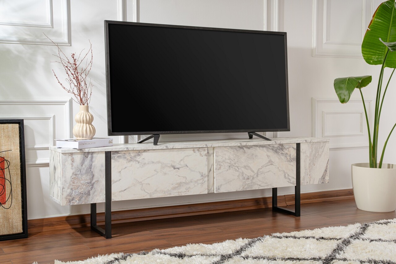 Comoda TV, Nordure, Serenity, 180x50x29.5 cm, Marmură Freesia / Negru