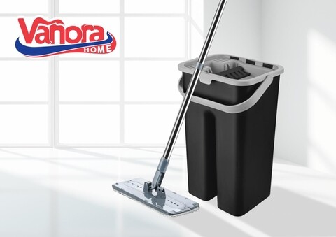 Set de curatenie cu mop plat master clean, vanora, 2 piese, plastic, negru/gri