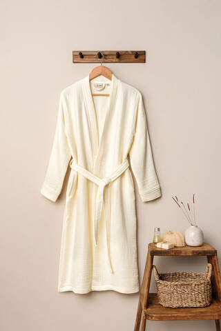 Halat de baie unisex, DC Home, Kimono, Bumbac, Ecru