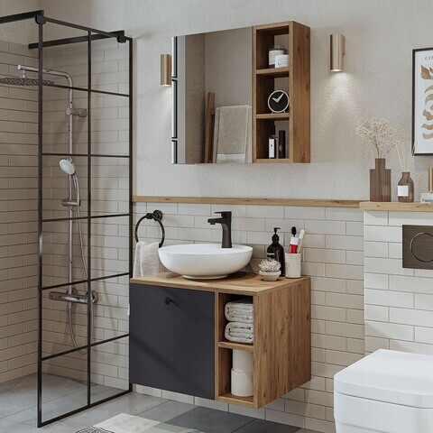 Set Dulap de Baie cu Chiuvetă și Oglindă (2 Piese), Hanah Home, 2470, MDF, Pin Atlantic / Antracit