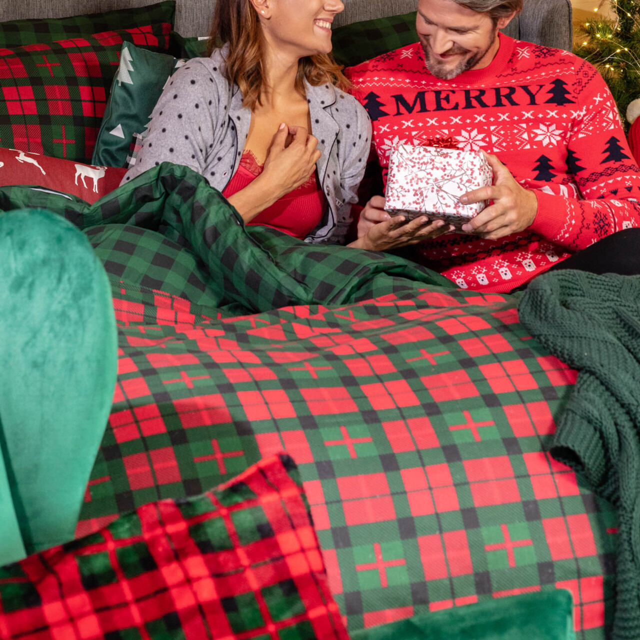 Lenjerie de pat King Size, Tartan, Homla, 3 piese, 200x220 cm, bumbac, rosu/verde — imaginea 15