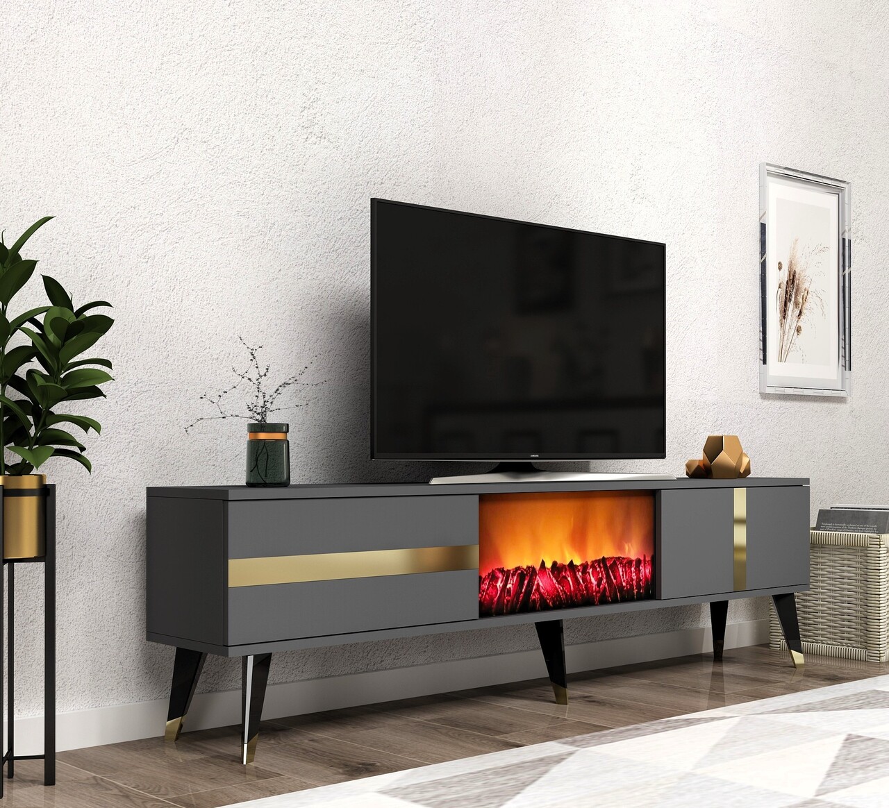 Comoda TV, Olivia, Vania Fireplace, 150x50x29.6 cm, PAL , Antracit / Aur - 2 | YEO