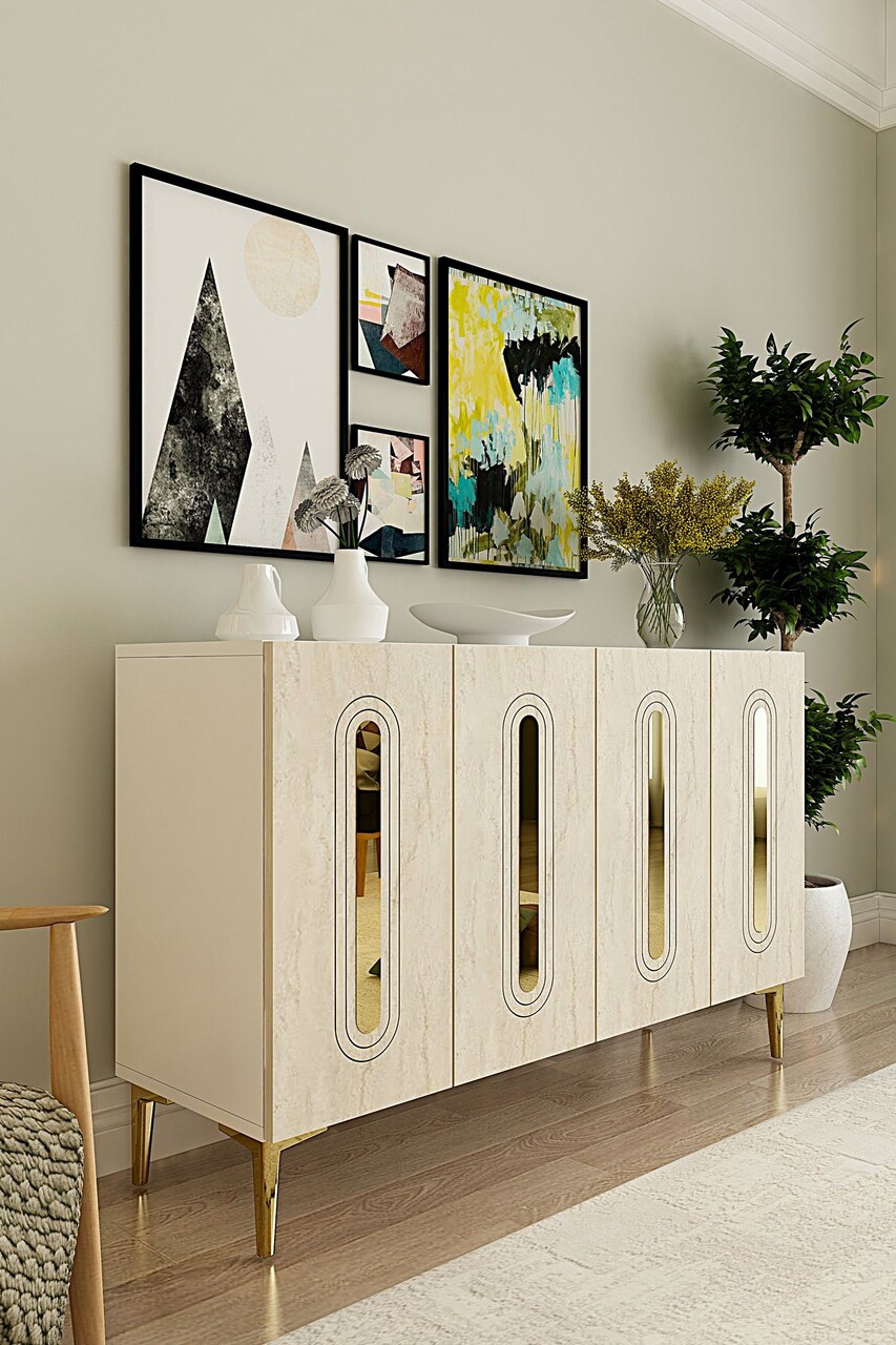 Consola, Hanah Home, Rany 120, 120x75x32 cm, White / Travertine / Gold - view 2