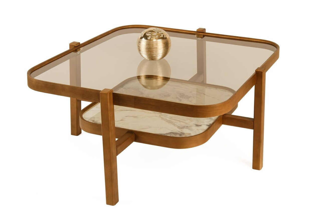 Masuta de cafea, Hanah Home, Olimpus 90, 90x48x90 cm, LEMN MASIV DE FAG, Nuc / Marmură Albă — imaginea 2