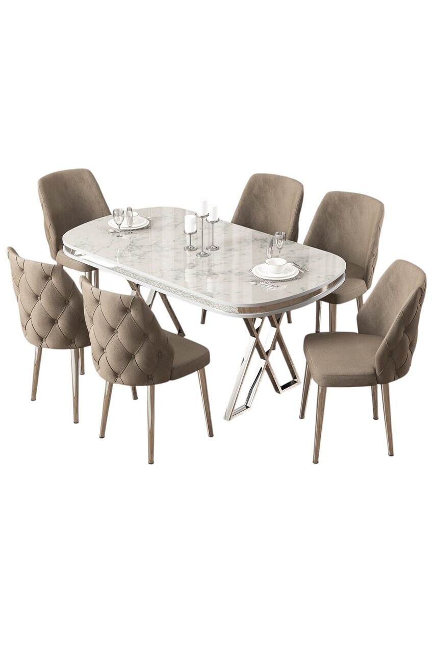 Set masa si scaune (7 piese), Hanah Home, Epal, Model de marmură albă / Crom / Cappuccino — imaginea 2