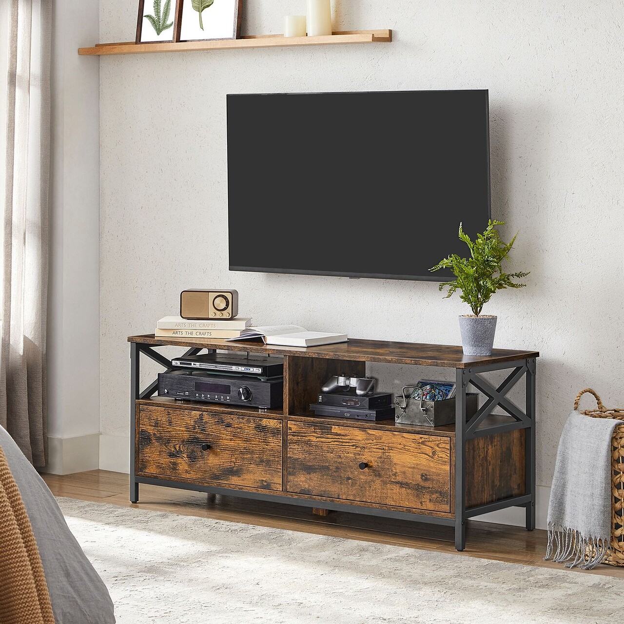 Comoda TV cu sertare, Vasagle, pana la 55 inch, 120x40x50 cm, PAL/otel, maro