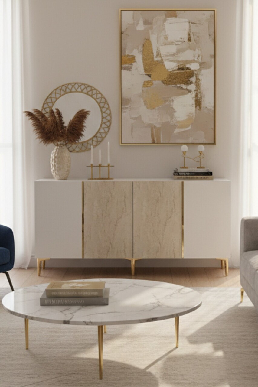 Consola, Hanah Home, Poli 150, 150x75x32 cm, White / Travertine / Gold — imaginea 3