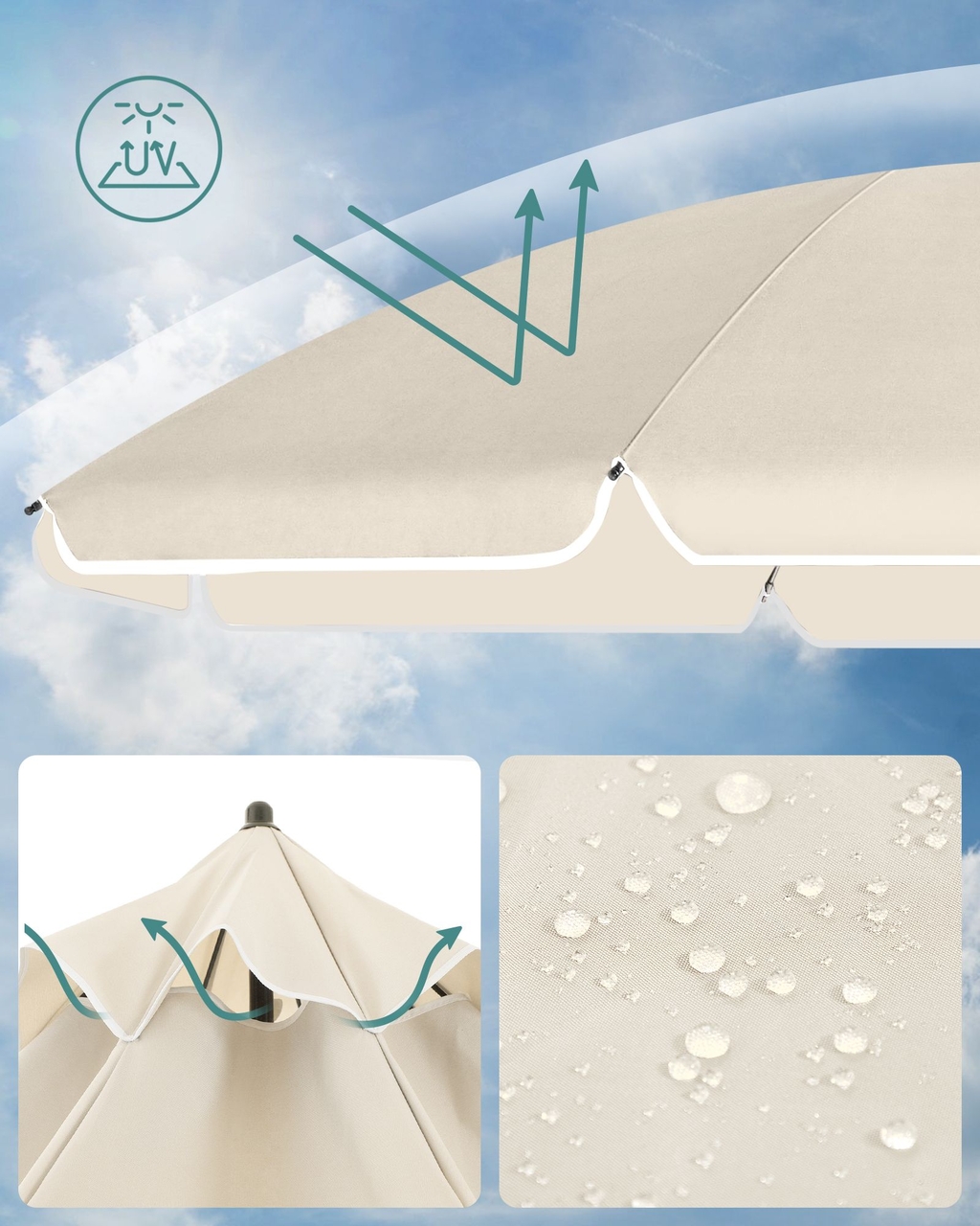 Umbrela pentru terasa, gradina, plaja Songmics, D160 cm, protectie solara UPF 50+, natural