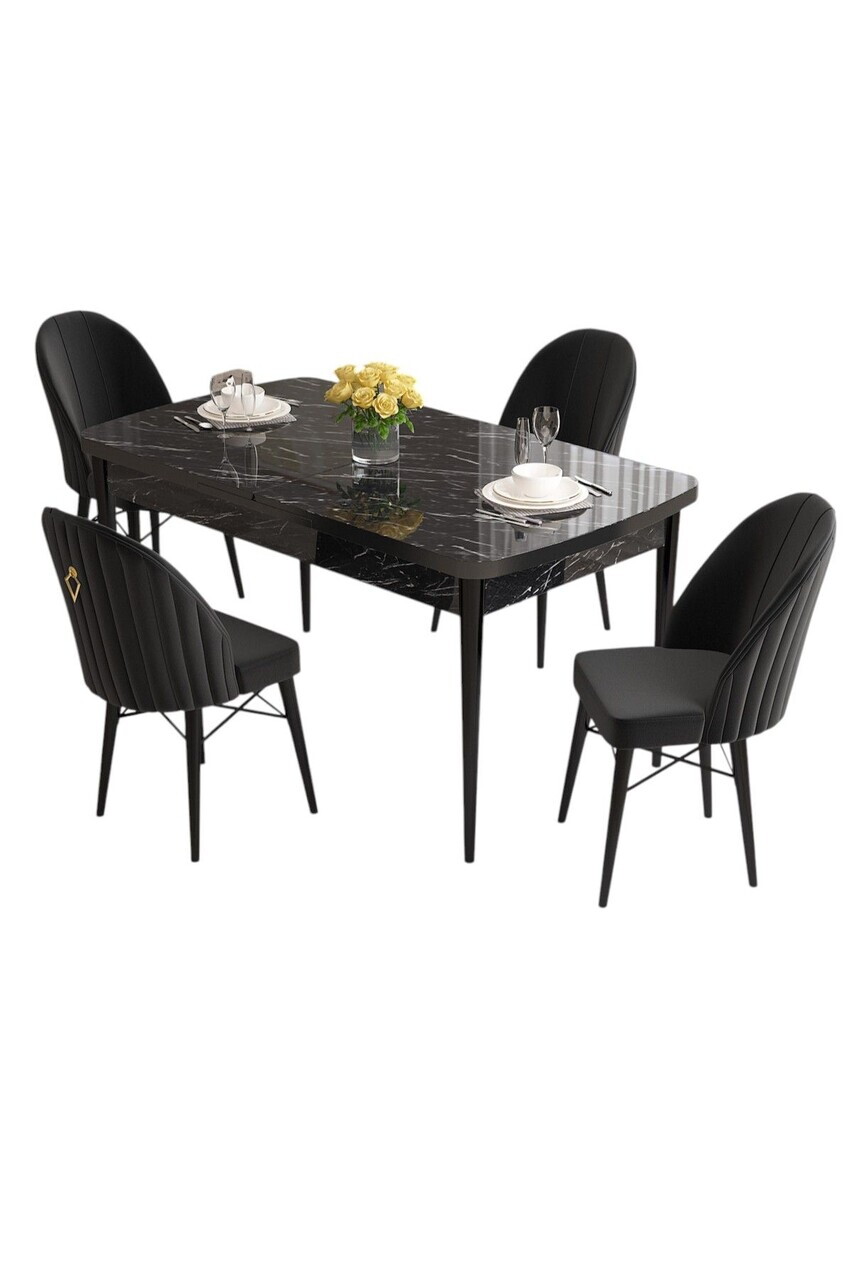 Set masa extensibila si scaune (5 piese), Hanah Home, Roz, Model de marmură neagră / Negru — imaginea 2
