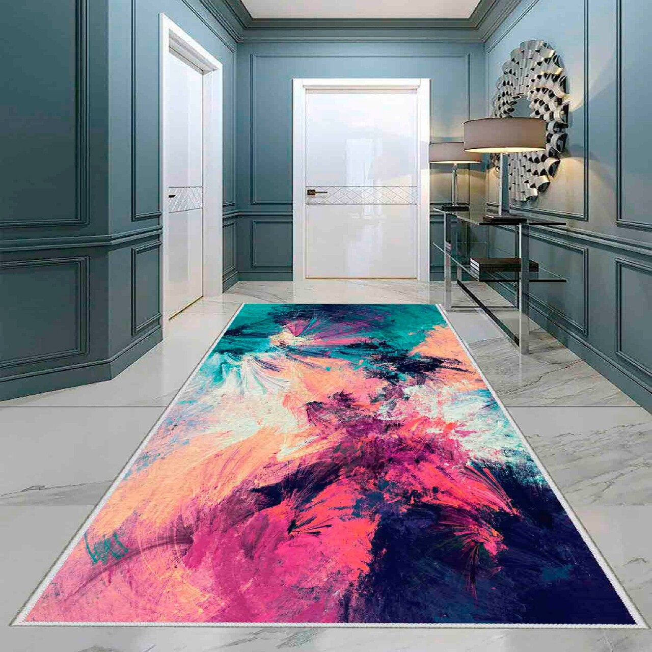 Covor, Wooylk0090, 100x400 cm, Turcoaz / Alb / Portocaliu / Fucsia / Mov